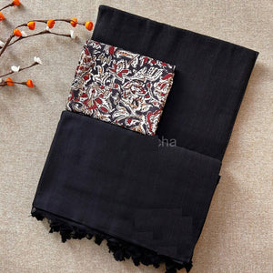 Beautiful Black Cotton Plain Saree with Kalamkari Blouse